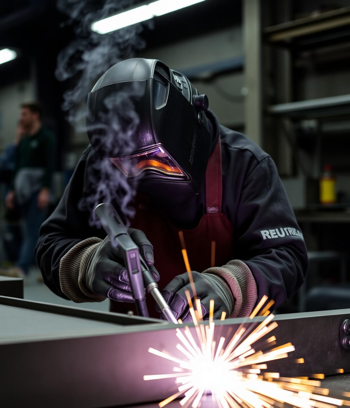 Skeete Welding craftsman welding a steel frame at the Camps workshop, St. Kitts
