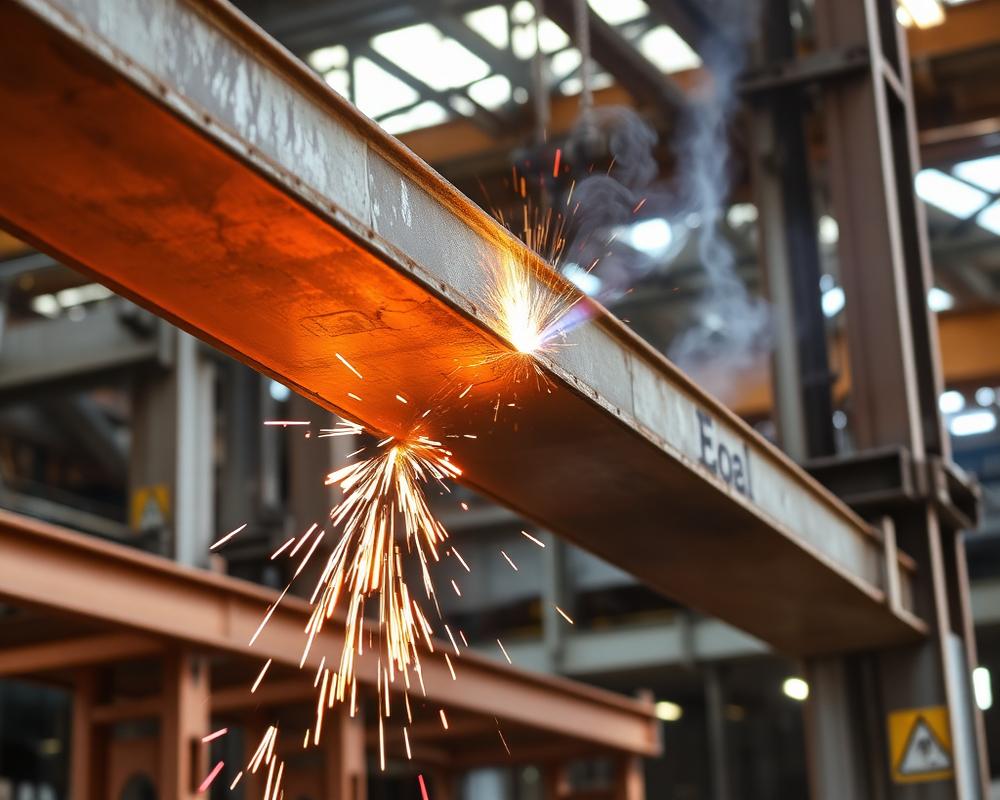 Industrial MIG welding of a structural steel beam in St. Kitts